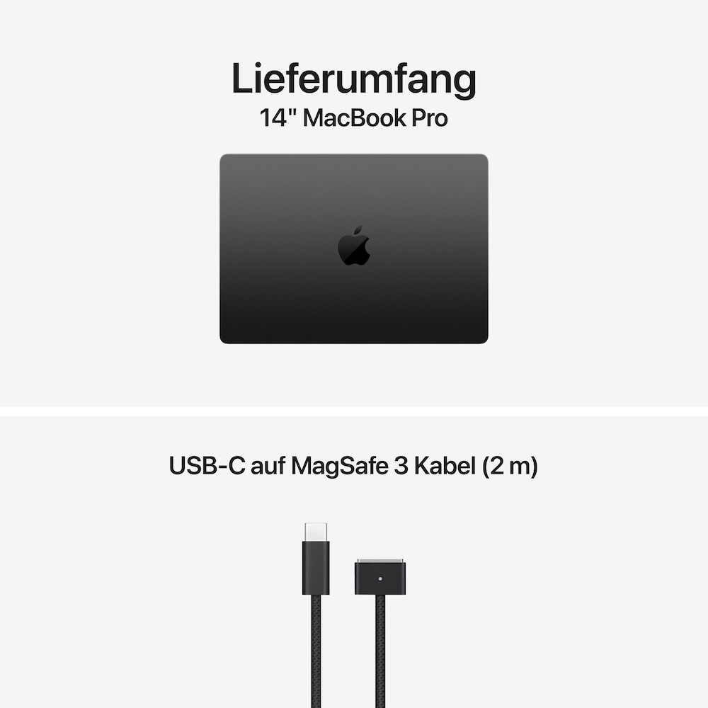 MacBook Pro 14" M6, Space Schwarz, M6 (12-CPU/12-GPU), 32GB, 1TB, Standard-Display, US Englisch, Kein Netzteil