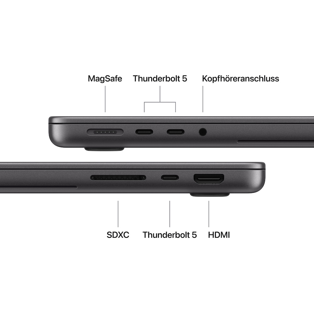 Apple MacBook Pro 14" mit PROLED XDR Displa M5 Max, Space Schwarz, M5 Max (18-CPU/32-GPU), 36GB, 2TB, Standardglas, Deutsch, Kein Netzteil