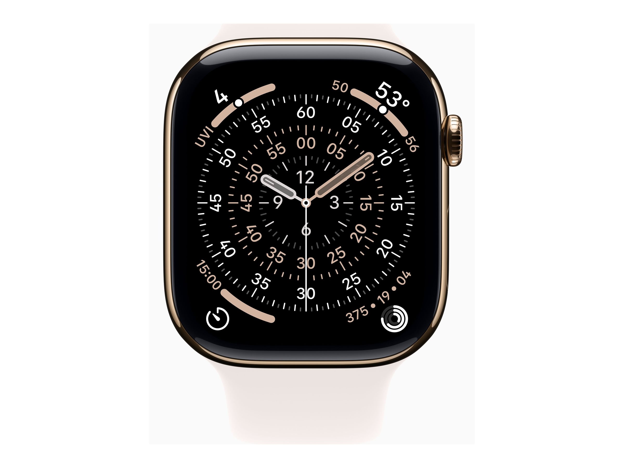 Apple Watch Series 11, GPS + Cellular, 46mm Titangehäuse Gold, Sportarmband Blassrosa, S/M (130-180 mm Umfang)