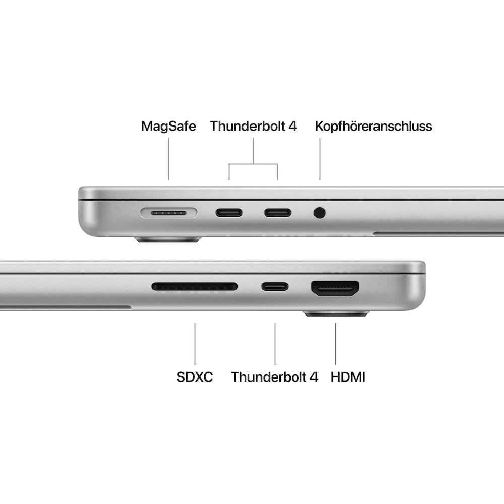 MacBook Pro 14" M6, Silber, M6 (12-CPU/12-GPU), 32GB, 2TB, Display mit Nanotexturglas, Englisch International, 96W USB-C Power Adapter