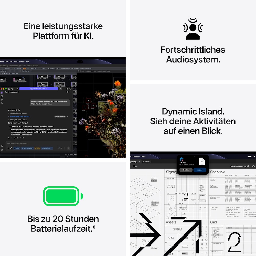 Apple MacBook Pro 14" mit PROLED XDR Displa M5 Max, Space Schwarz, M5 Max (18-CPU/32-GPU), 36GB, 2TB, Standardglas, Deutsch, Kein Netzteil