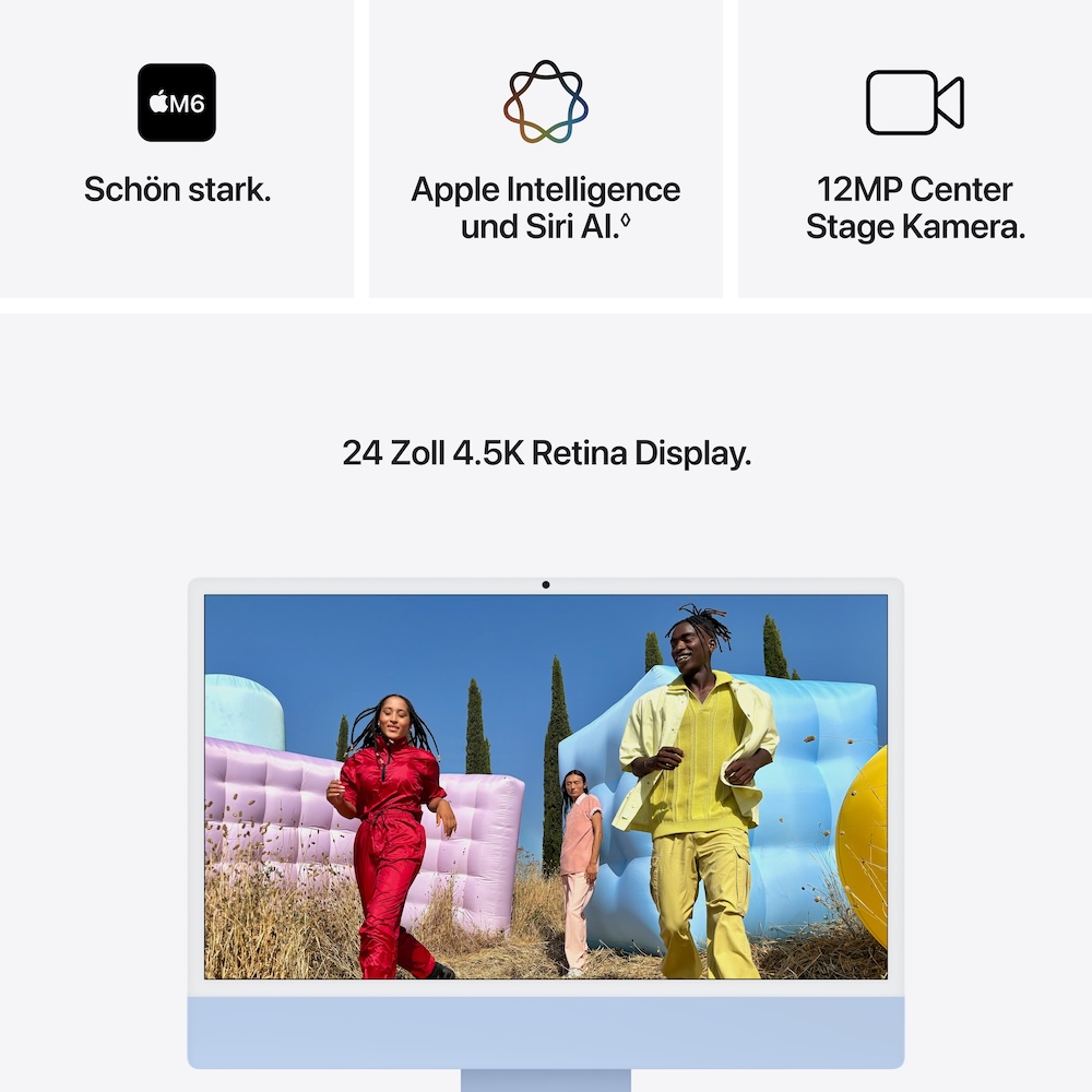iMac 24", Blau, M6 (12-CPU/12-GPU), 16GB, 512GB, Nanotexturglas, Touch ID, US Englisch, 2,5 Gigabit Ethernet, Magic Maus