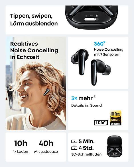 Anker Soundcore Liberty 4 Pro NC Kopfhörer, Schwarz (Glänzend), In-Ear, Kabellos