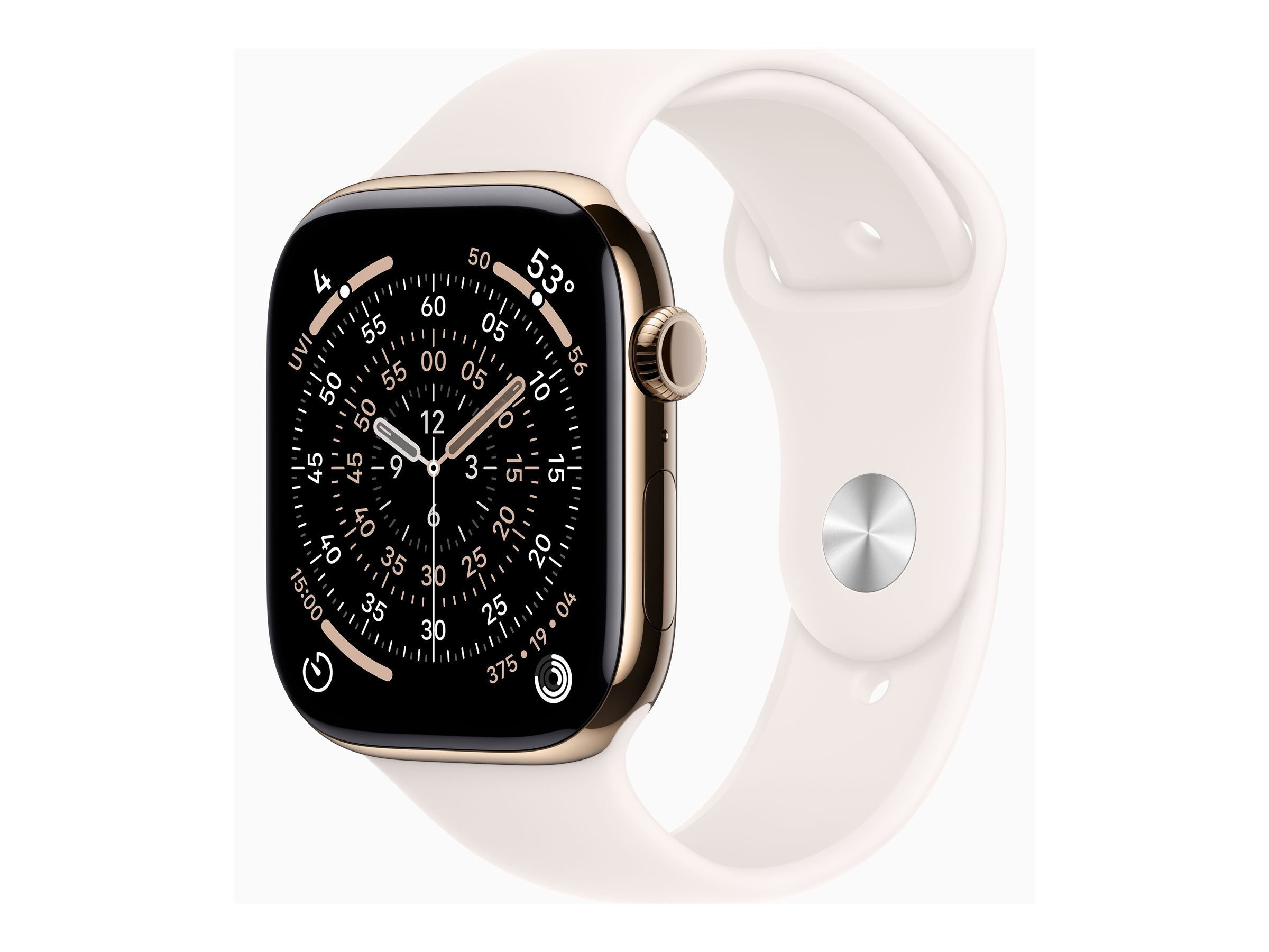 Apple Watch Series 11, GPS + Cellular, 46mm Titangehäuse Gold, Sportarmband Blassrosa, S/M (130-180 mm Umfang)