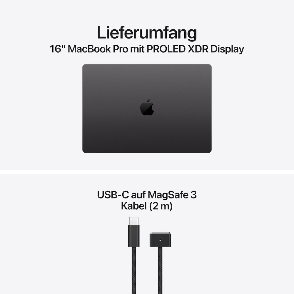 Apple MacBook Pro 16'' mit PROLED XDR Display M5 Max, Space Schwarz, M5 Max (18-CPU/40-GPU), 48GB, 2TB, Standardglas, Deutsch, Kein Netzteil