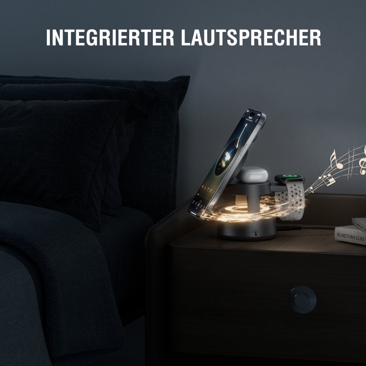 4smarts 3 in 1 Qi2 Ladestation Aura Sound, Space Grau