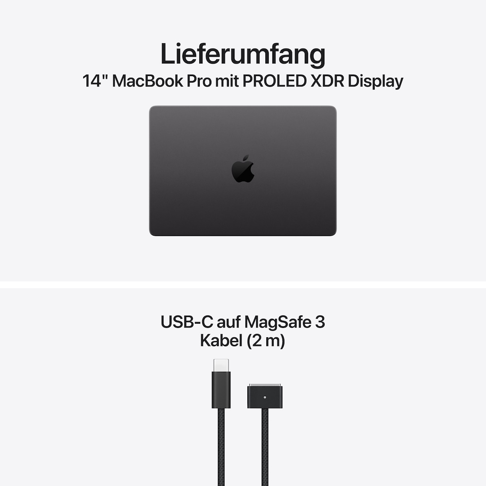 Apple MacBook Pro 14" mit PROLED XDR Displa M5 Max, Space Schwarz, M5 Max (18-CPU/32-GPU), 36GB, 2TB, Standardglas, Deutsch, Kein Netzteil