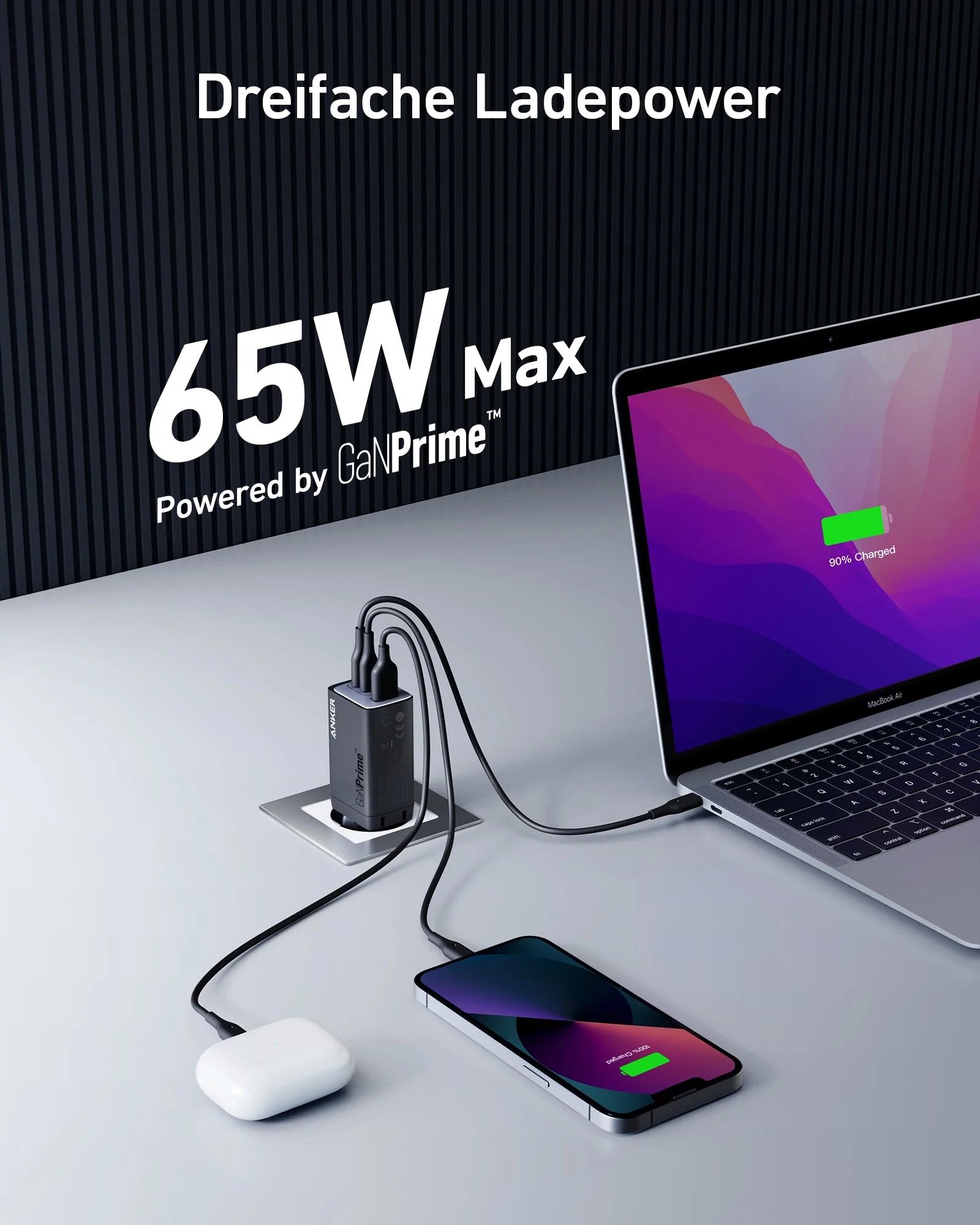 Anker 735 Power Adapter, Schwarz, USB-C + USB-A, 65W