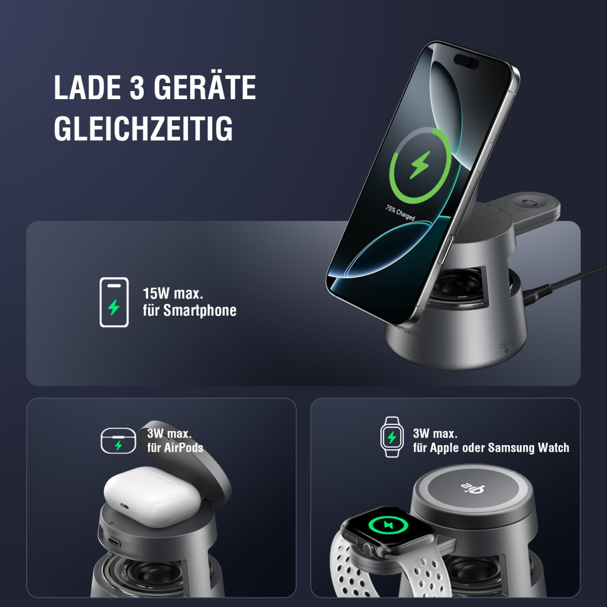 4smarts 3 in 1 Qi2 Ladestation Aura Sound, Space Grau