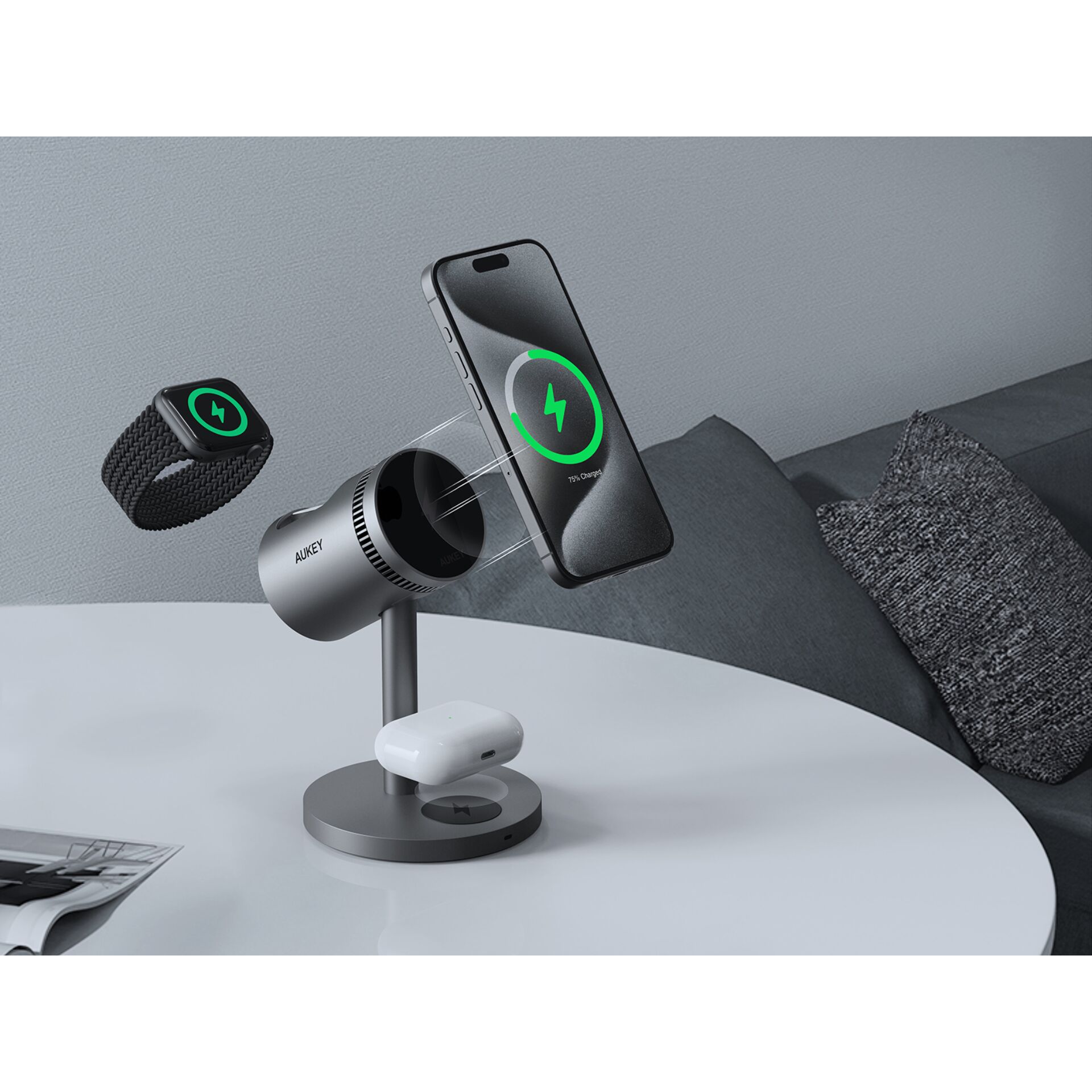 AUKEY MagFusion Pro Wireless Charging Stand (3-in-1), Schwarz, 15W