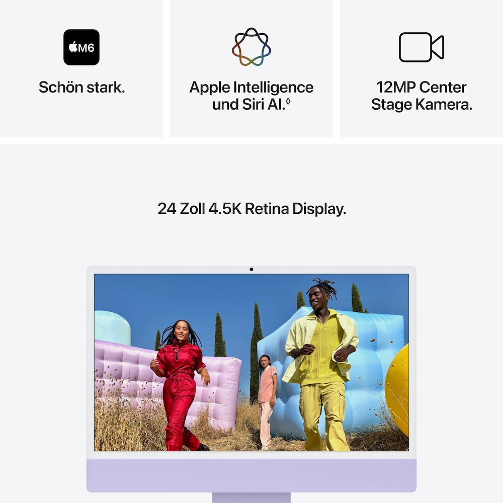 iMac 24, Violett, M6 (12-CPU/12-GPU), 24GB, 256GB, Nanotexturglas, Touch ID, Deutsch, 2,5 Gigabit Ethernet, Magic Maus