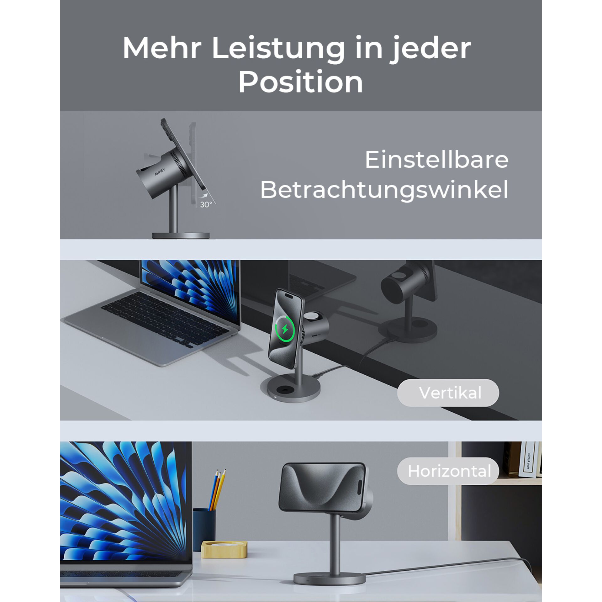 AUKEY MagFusion Pro Wireless Charging Stand (3-in-1), Schwarz, 15W