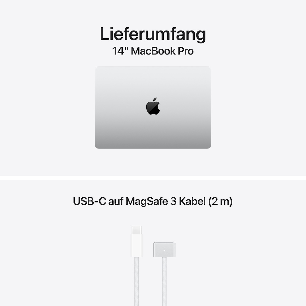 MacBook Pro 14" M6, Silber, M6 (12-CPU/12-GPU), 32GB, 2TB, Display mit Nanotexturglas, Englisch International, 96W USB-C Power Adapter