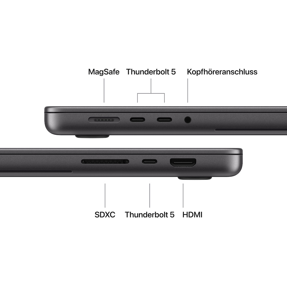 Apple MacBook Pro 16'' mit PROLED XDR Display M5 Max, Space Schwarz, M5 Max (18-CPU/40-GPU), 48GB, 2TB, Standardglas, Deutsch, Kein Netzteil