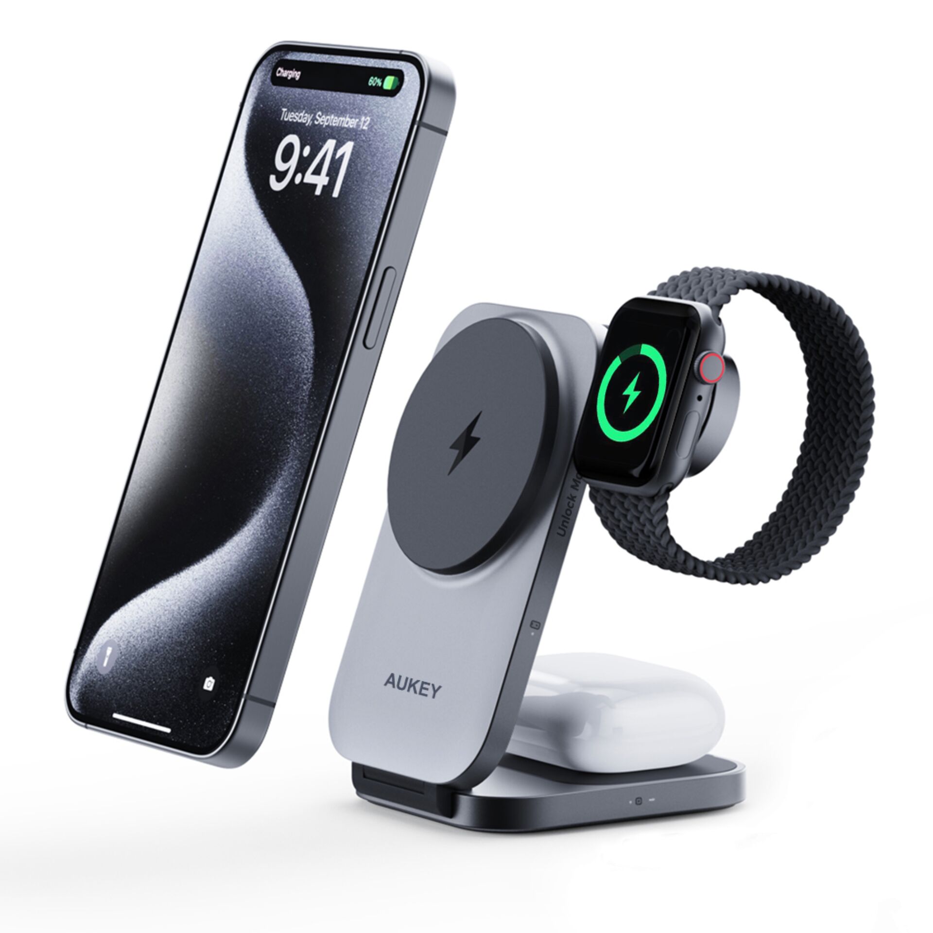 AUKEY MagFusion Wireless Charger (3 in 1), Schwarz, 15W