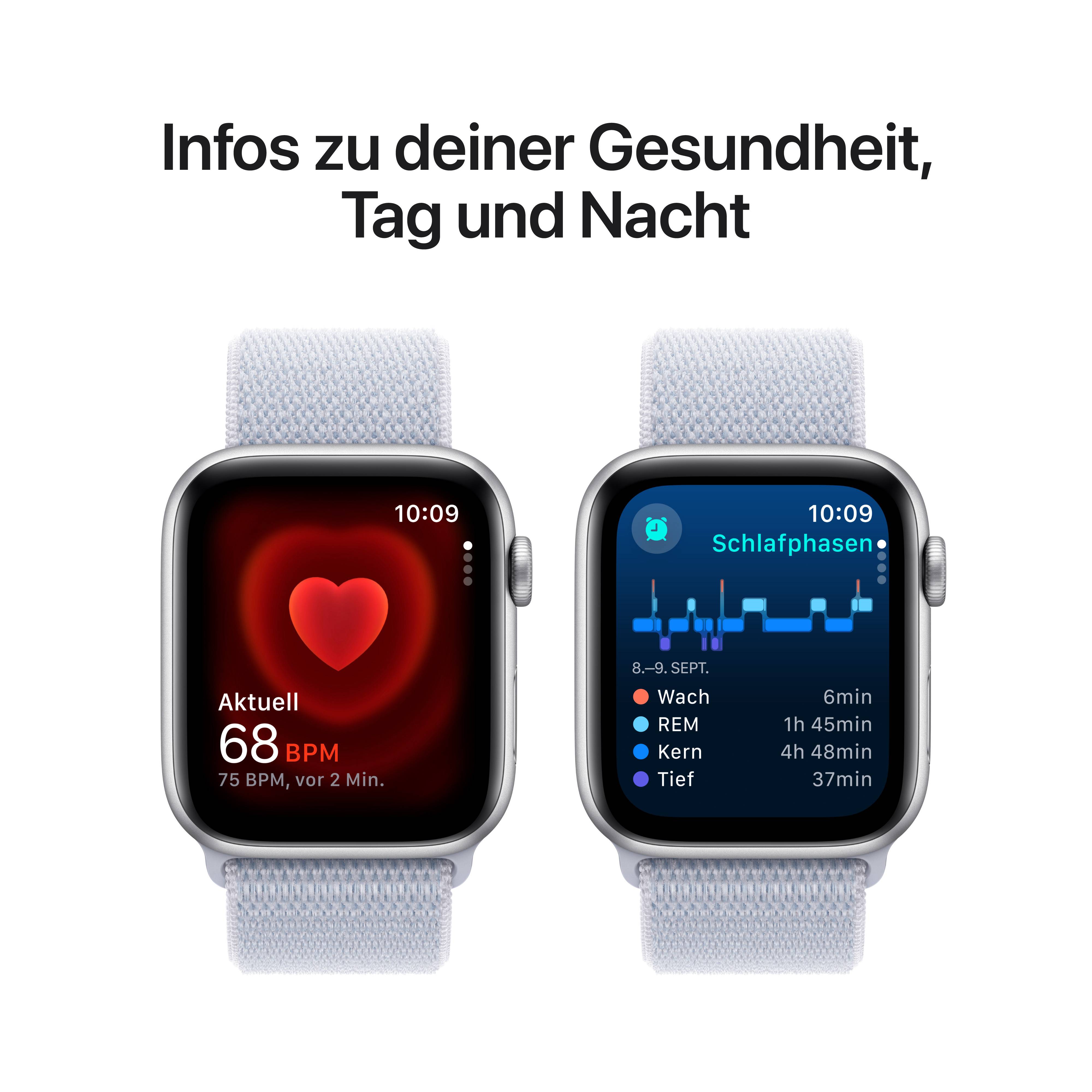 Apple Watch SE, GPS, 44mm Aluminuimgehäuse Silber, Sport Loop Armband Blaue Wolke
