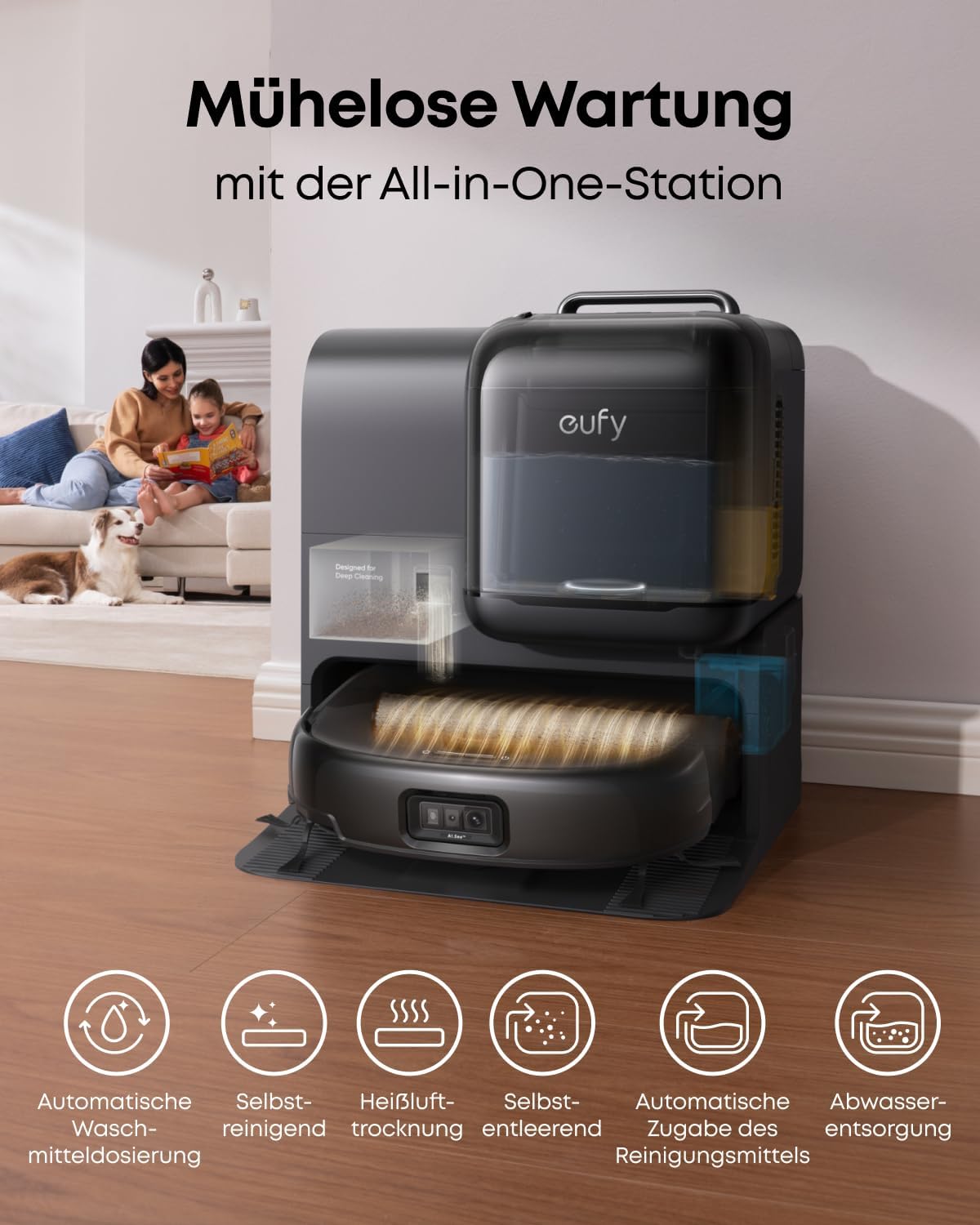eufy Saug- und Wischroboter Omni E28 mit Bodenreiniger-Set, Schwarz