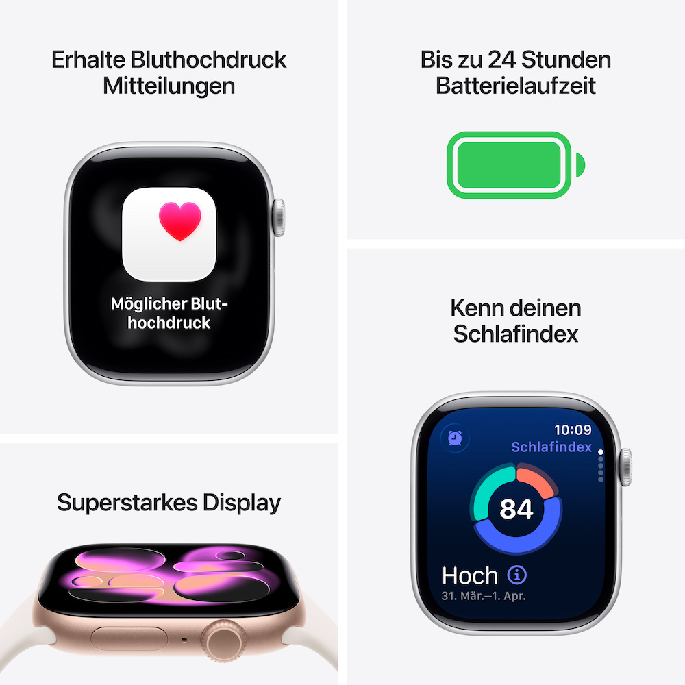 Apple Watch Series 11, GPS + Cellular, 46mm Aluminiumgehäuse Silber, Sportarmband Nebelviolett, S/M (130-180 mm Umfang)