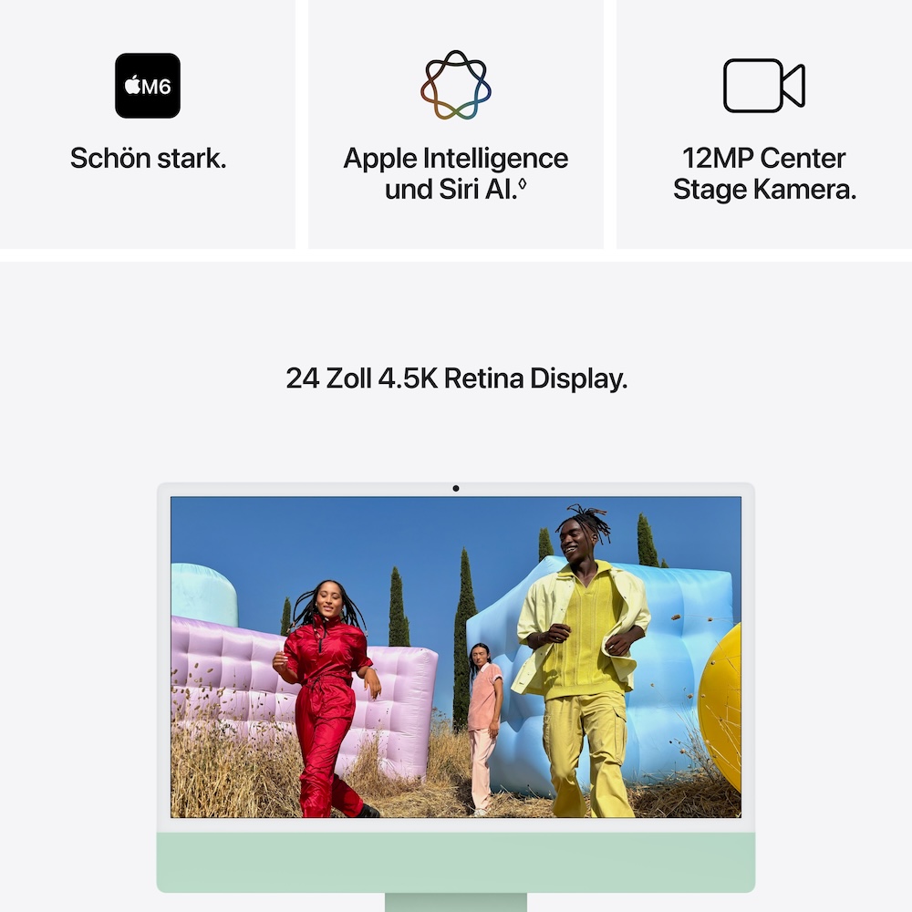iMac 24, Grün, M6 (12-CPU/12-GPU), 16GB, 256GB, Standardglas, Touch ID, US Englisch, 2,5 Gigabit Ethernet, Magic Maus