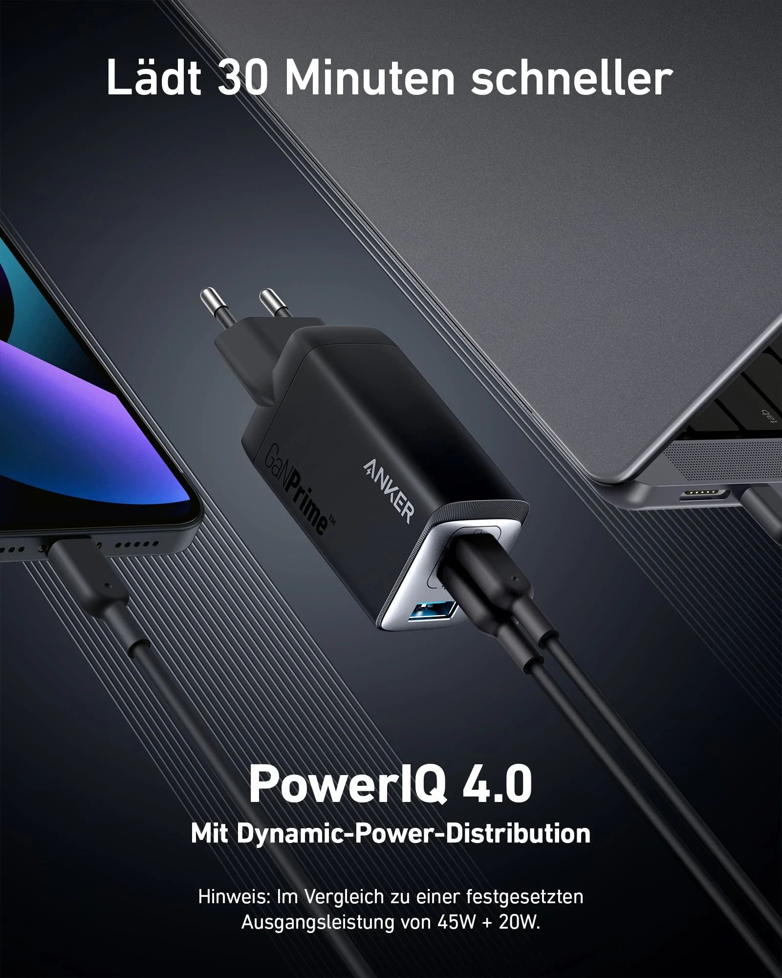 Anker 735 Power Adapter, Schwarz, USB-C + USB-A, 65W