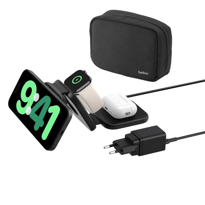 Belkin Wireless Charger mit QI2 (3-in-1), 15W, magnetische Reiseladestation mit Power Adapter (36W) + USB-C Kabel (1,5m) einklappbar