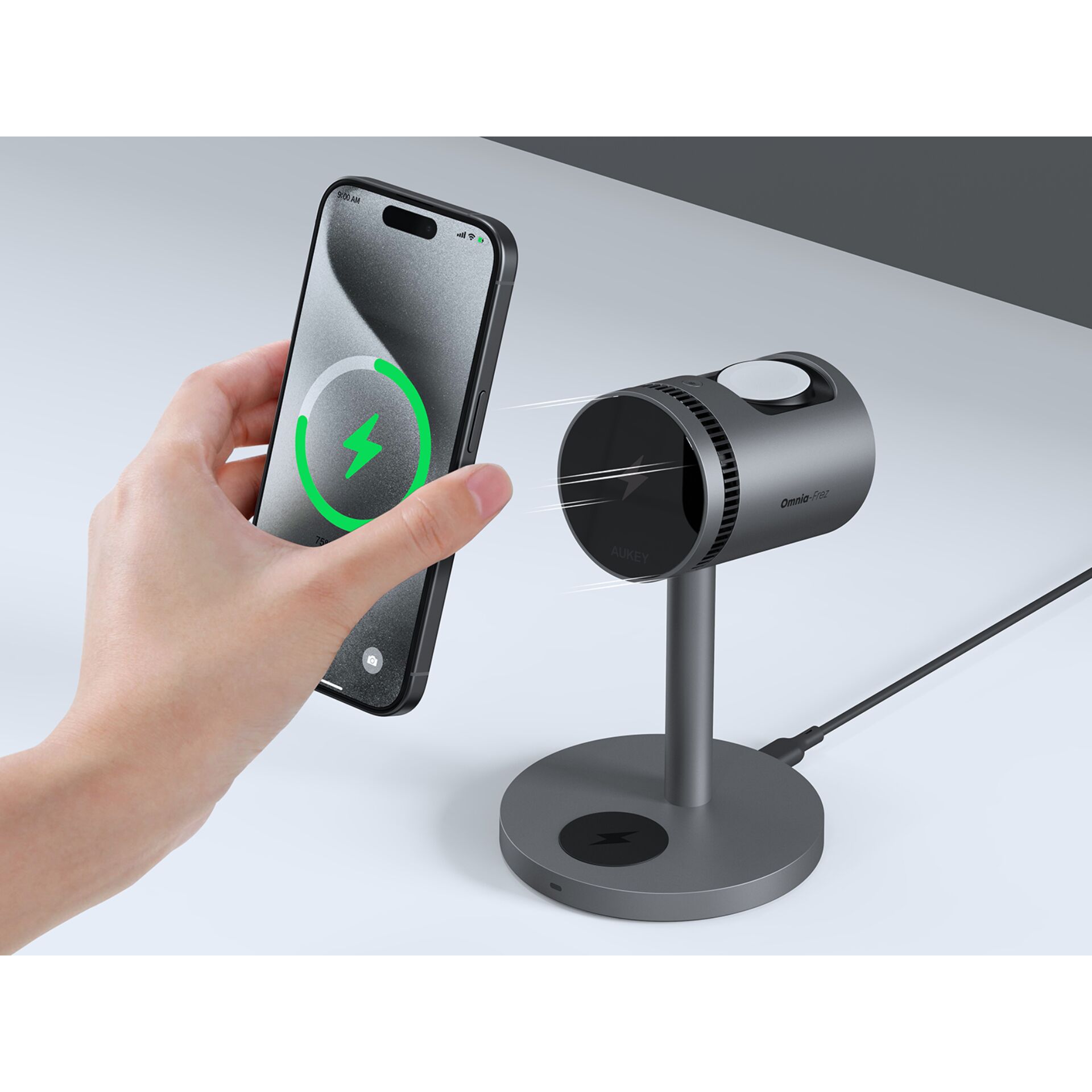 AUKEY MagFusion Pro Wireless Charging Stand (3-in-1), Schwarz, 15W